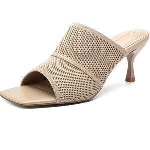 Women's Apricot Mesh Square Open Toe Commute Slip On Stiletto Heeled Slides